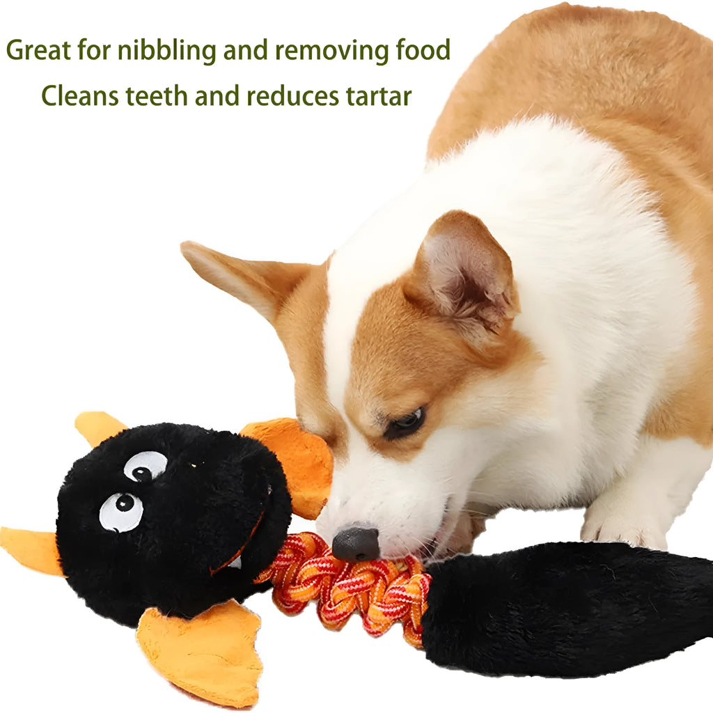 Plush cartoon dog toy with rope knot, in black, green, or red colour, shown next to a tape measure indicating 44 cm length.