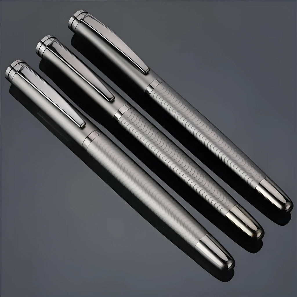 Fog gun gray metal signature pen with 0.5mm bullet nib on white background