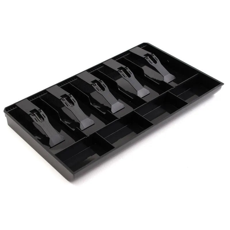 Black ABS plastic five-drawer cash box with coin and note compartments, 40 cm wide