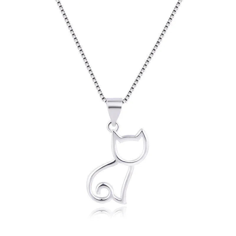 Sweet cat silver pendant necklace with Korean style animal charm on a simple chain