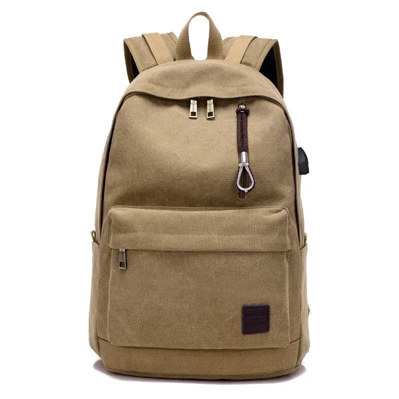 Canvas backpack with USB charging port showing coffee colour variant with laptop compartment