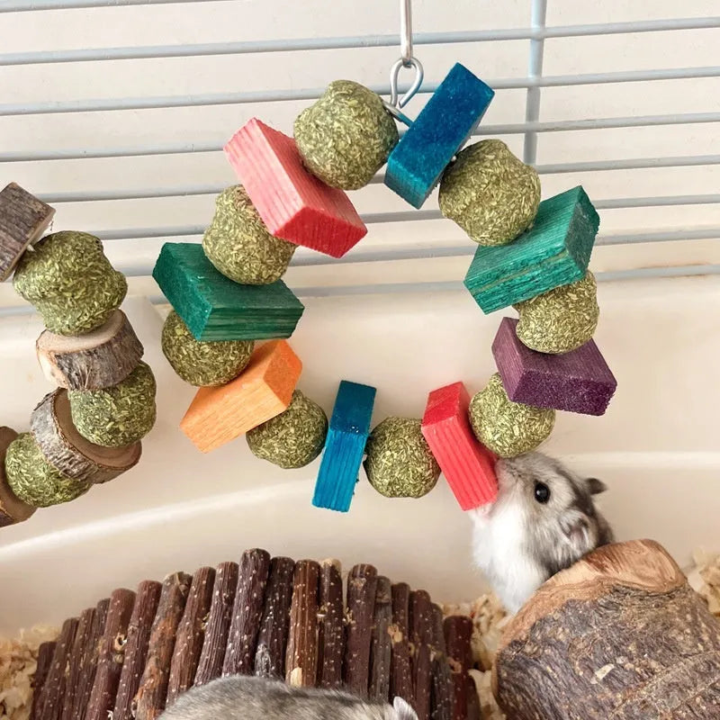 Hamster chew toy with decorative straw ball ring and Applewood gnawing rod for small pets
