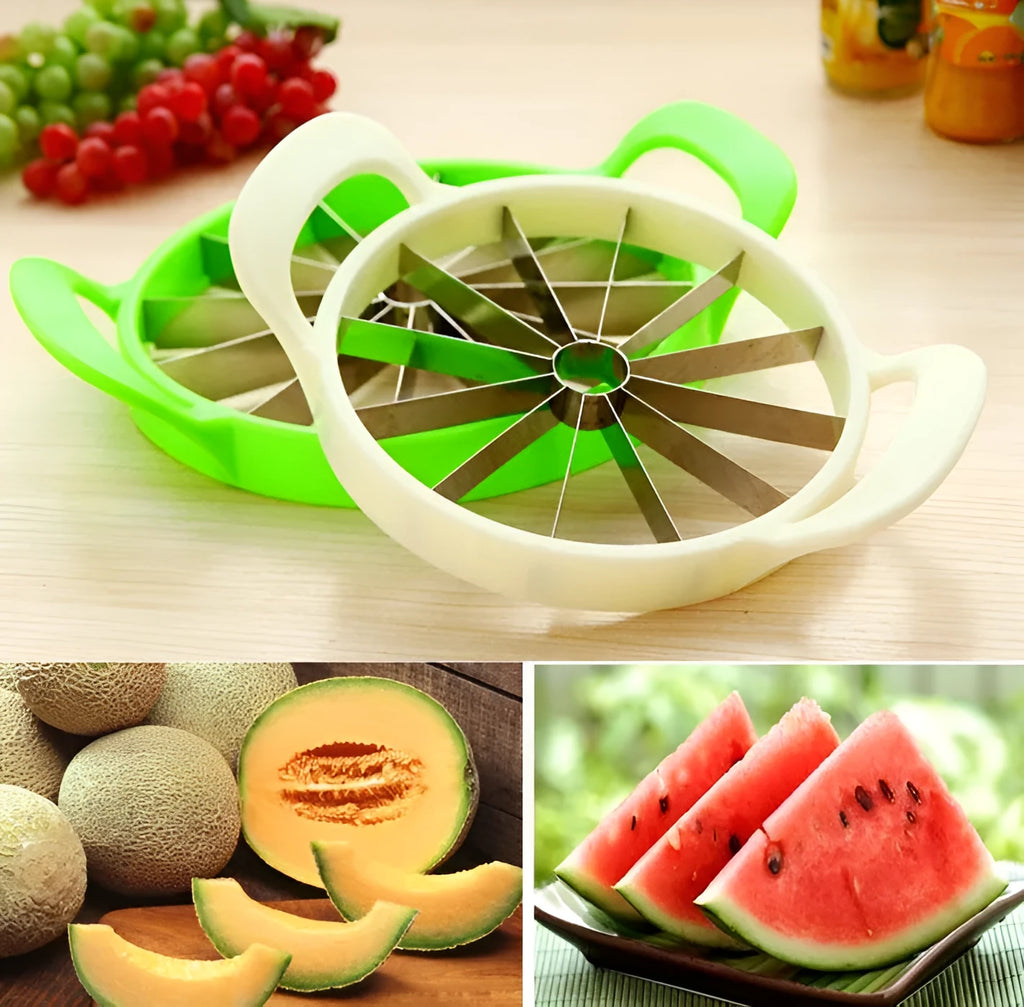 Green multi-function fruit slicer with stainless steel blade for cutting watermelon into 12 slices, 29cm diameter