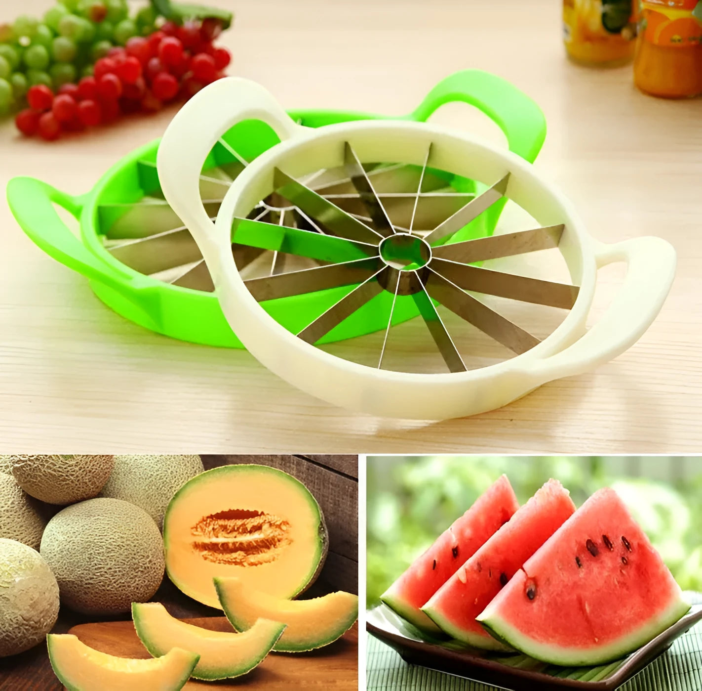 Green multi-function fruit slicer with stainless steel blade for cutting watermelon into 12 slices, 29cm diameter