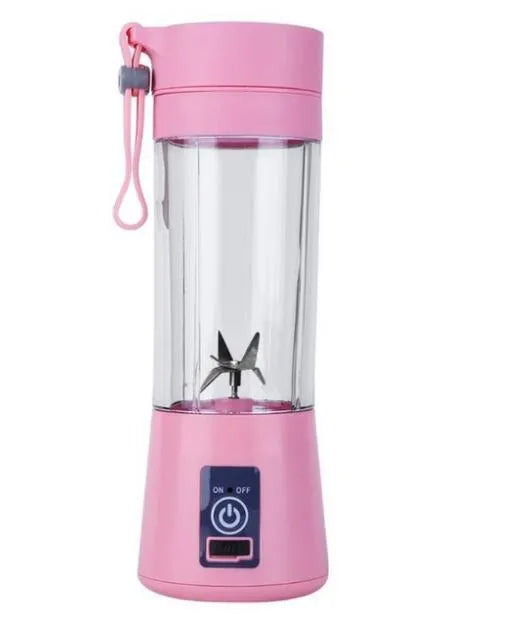 Mini USB electric centrifugal juicer with stainless steel blade, anti-slip base, and rope handle in blue plastic housing