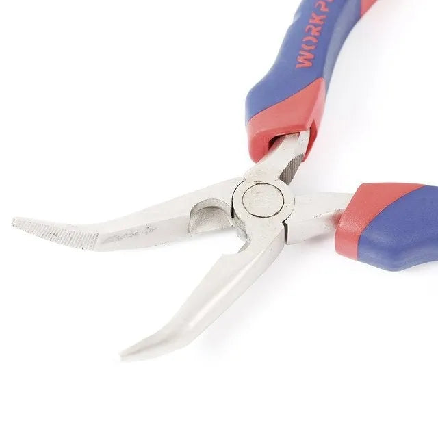 Double colour sleeve handle curved nose pliers in blue, steel construction, side view