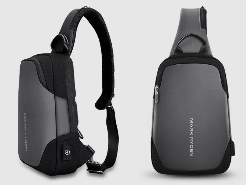 Men's anti-theft USB chest bag in black, made from Oxford cloth with zip closure and square vertical shape