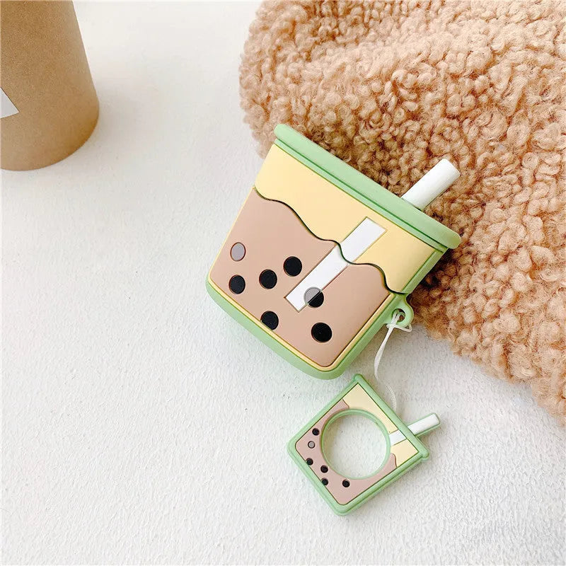 Milk tea silicone earphone cover for Apple AirPods 2nd generation in green, orange, pink, purple colours on white background