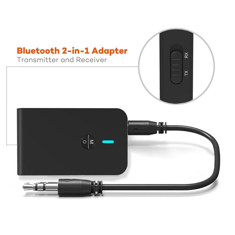 Black Bluetooth 5.0 audio adapter with 3.5mm AUX plug and external power cable