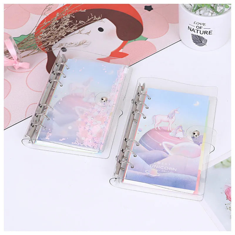 Loose leaf metal binder shell with PVC cover in castle design, 125x185mm, with pull side bag