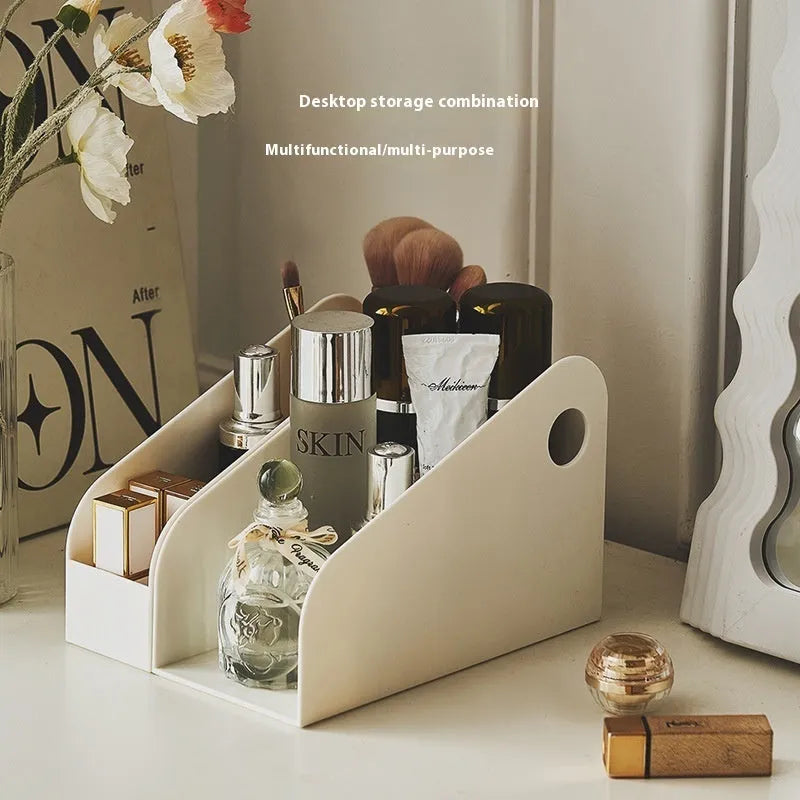 Desktop storage box with two compartments in milk coffee colour, dimensions 14.5x17x22cm