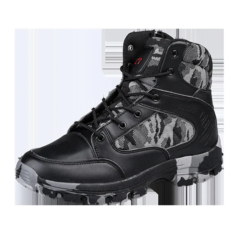 Men's high-top hiking shoes in black camouflage with artificial PU upper and metal element detail