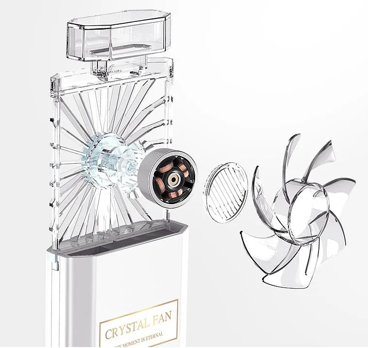 Pink portable perfume fan with mist spray and 1200mAH rechargeable battery
