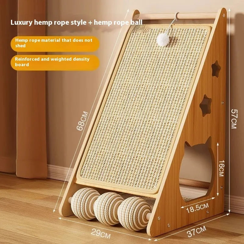 Vertical wall-mounted cat scratch board with cat funny ball and hemp rope design