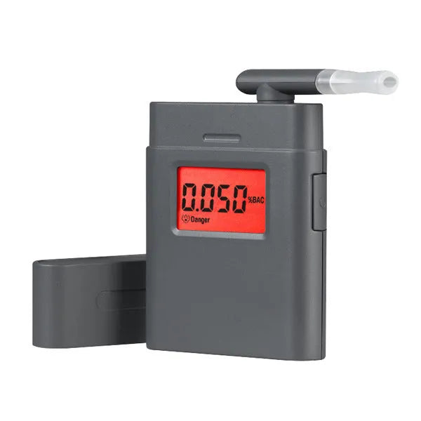 At-838 black portable respiratory alcohol detector showing BAC display, powered by AAA batteries