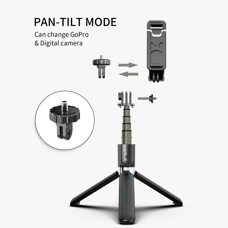 Tripod selfie stick for iPhone, black colour, extended to 700mm height on a table