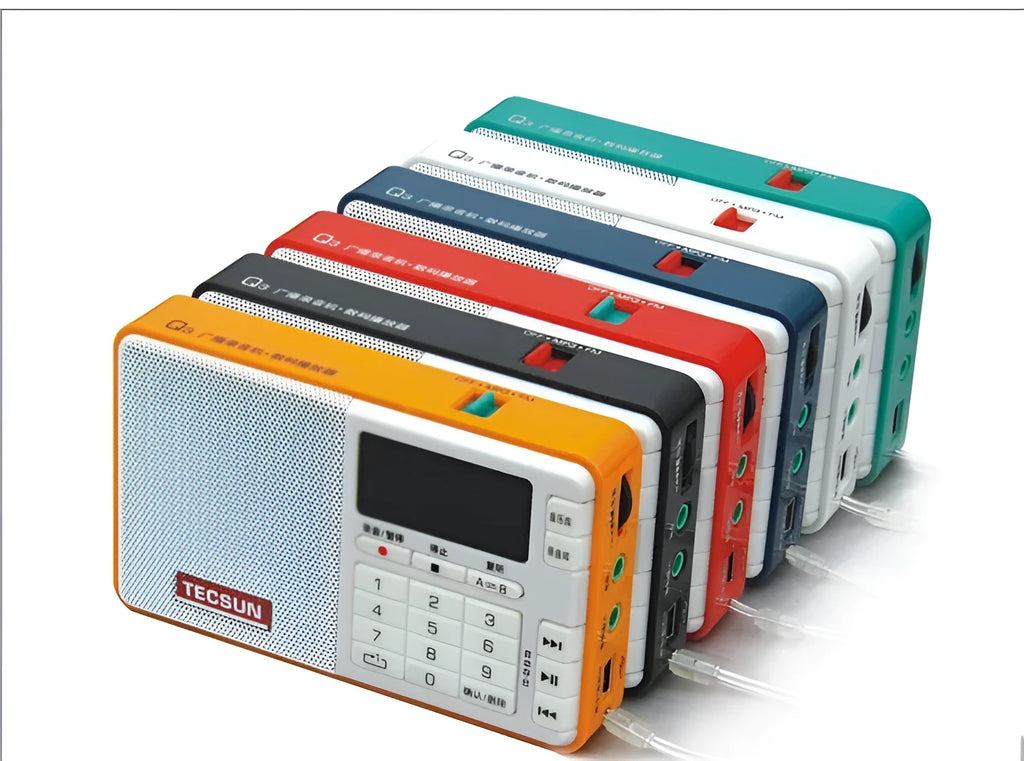 Tecsun Q3 portable digital audio player and FM radio in choice of six colours.