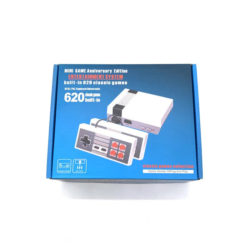NES 8-bit retro game console with two controllers on classic red background