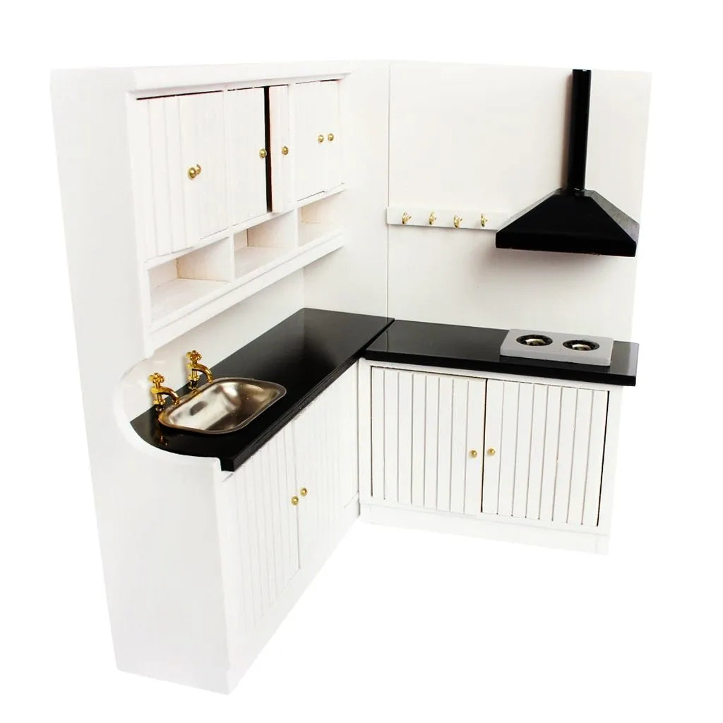 Two-piece white birch wood dollhouse kitchen cabinet set with sink and stove units with doors open showing interior