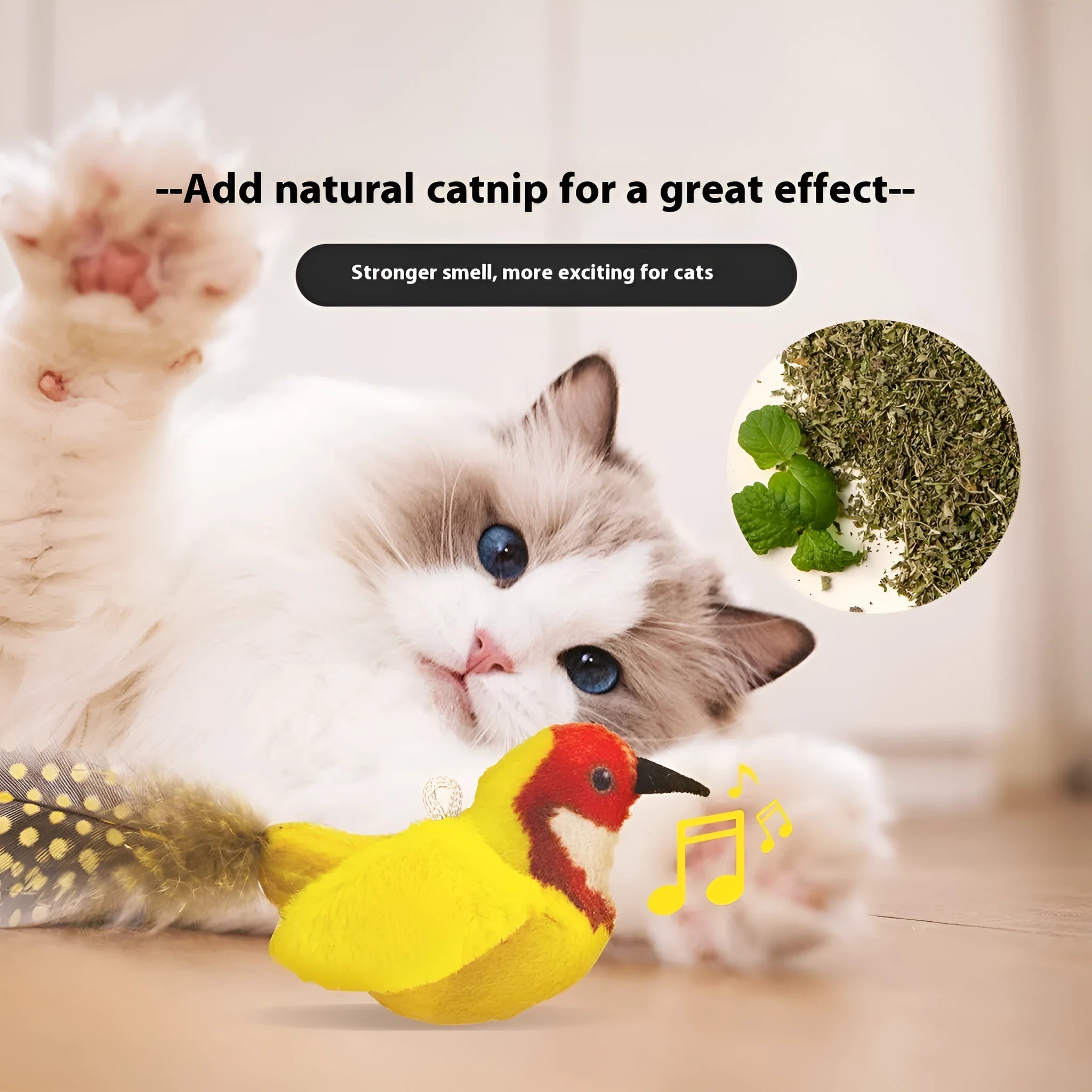 Simulation bird cat plush toy in colourful bird design, made from soft plush material for kitten play