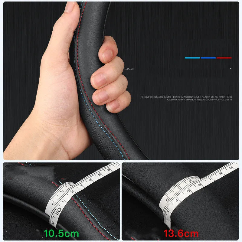 Black car steering wheel cover with two-colour line detail showing Napa leather texture and rubber inner ring