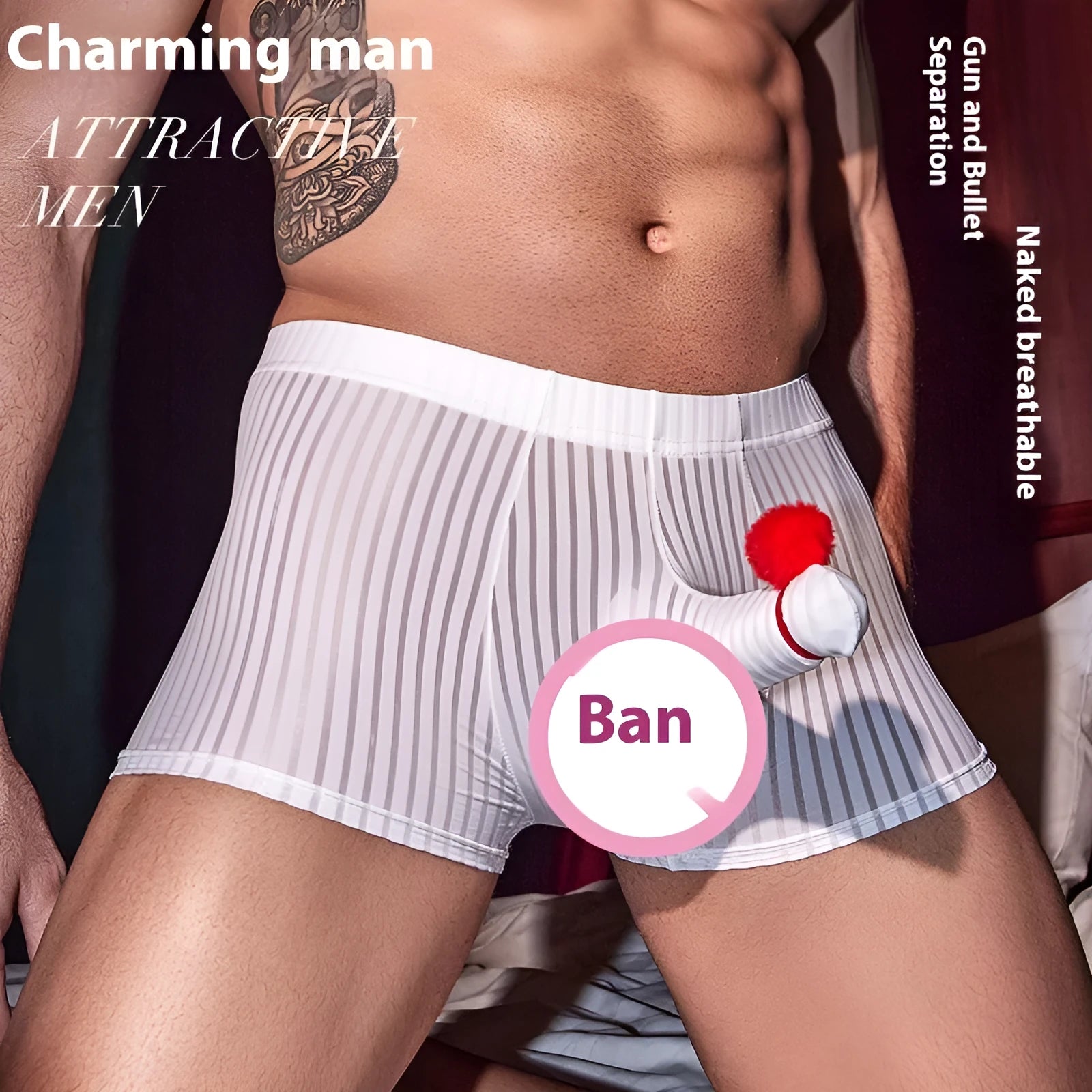Man wearing black striped nylon boxer briefs, showing high elastic fit and modern design.