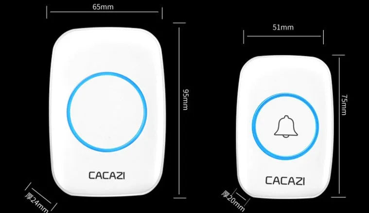 Wireless doorbell system with plug-in receiver and battery transmitter showing 300m range and 36 melody options