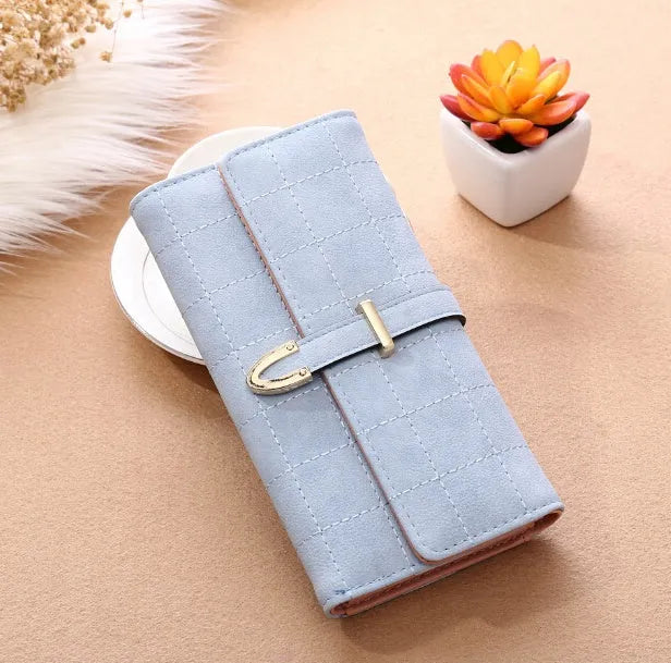 Frosted Lingge long wallet in PU leather with magnetic buckle and diamond pattern, 19.5x9.5cm