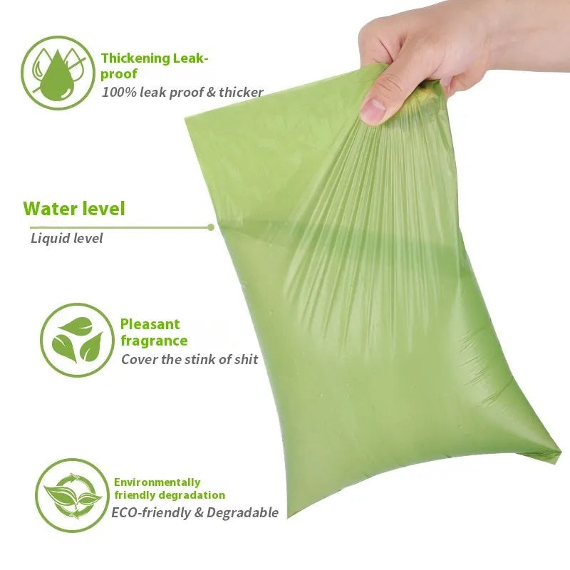Green degradable pet waste bags with dispenser for dog cleanup