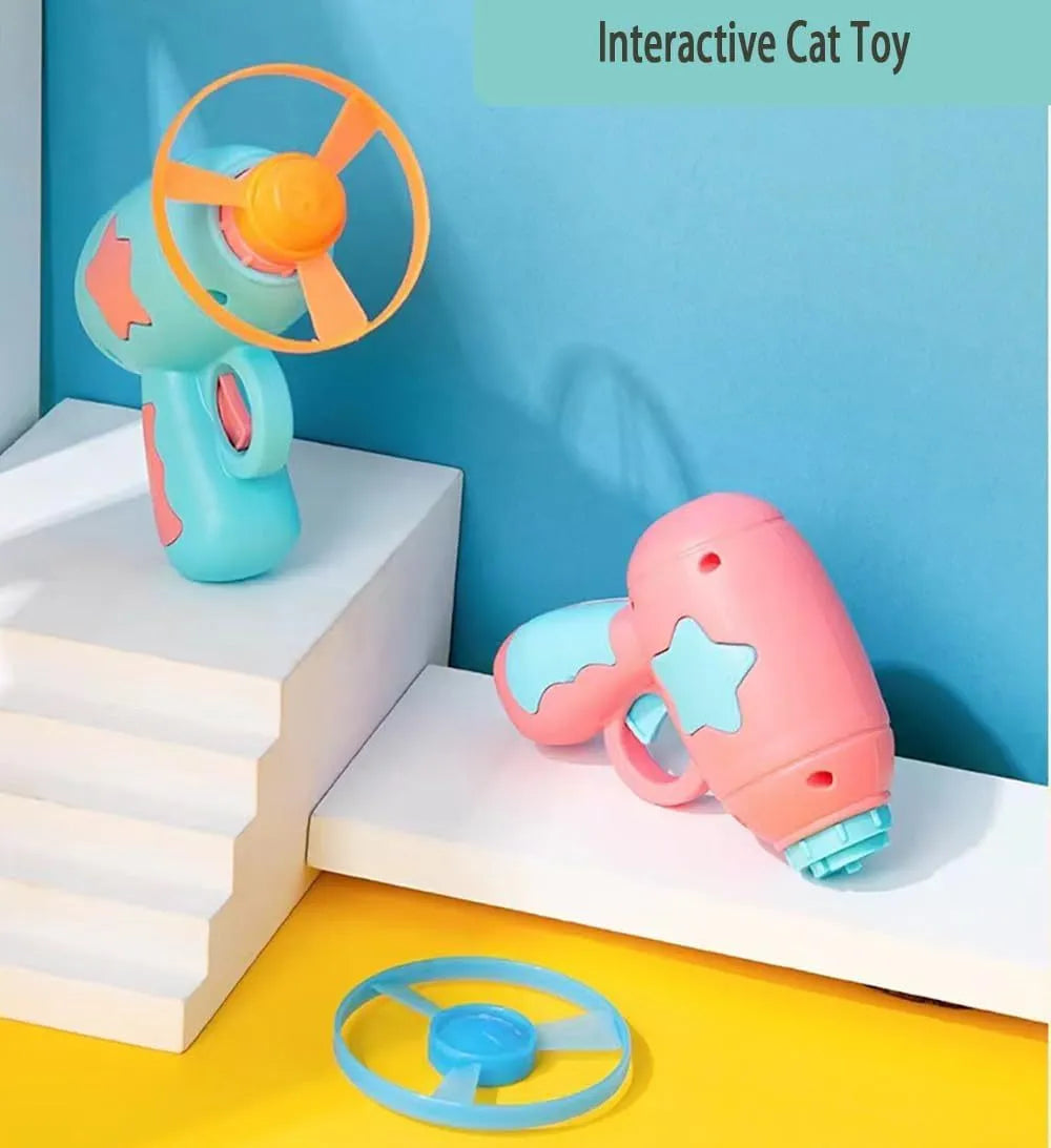 Blue cat toy gun with flying Frisbee for indoor feline hunting simulation games