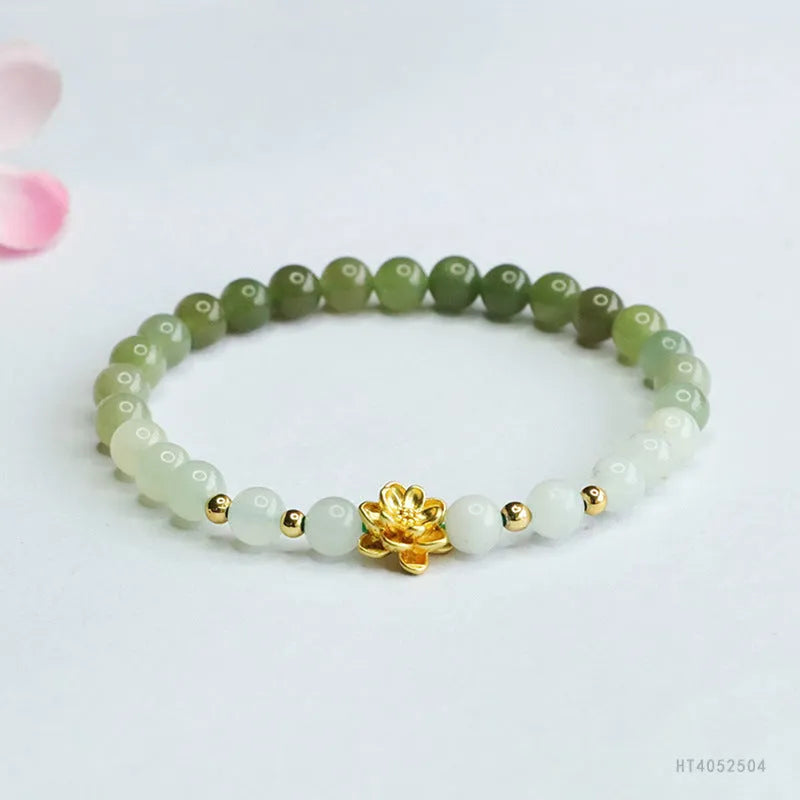 Hand-woven Hetian jade bracelet with a clear water gradient and national style floral design.
