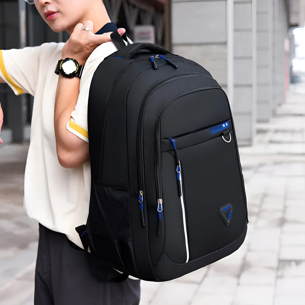 Men's Oxford cloth large capacity backpack in red with letter pattern and air pillow belt