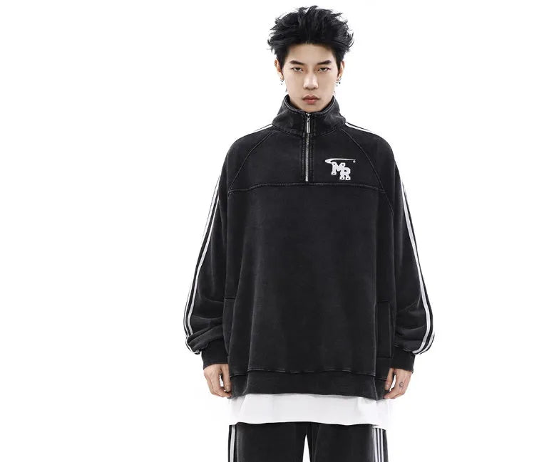 Black Hong Kong style stand collar hoodie with long sleeves for casual sports wear