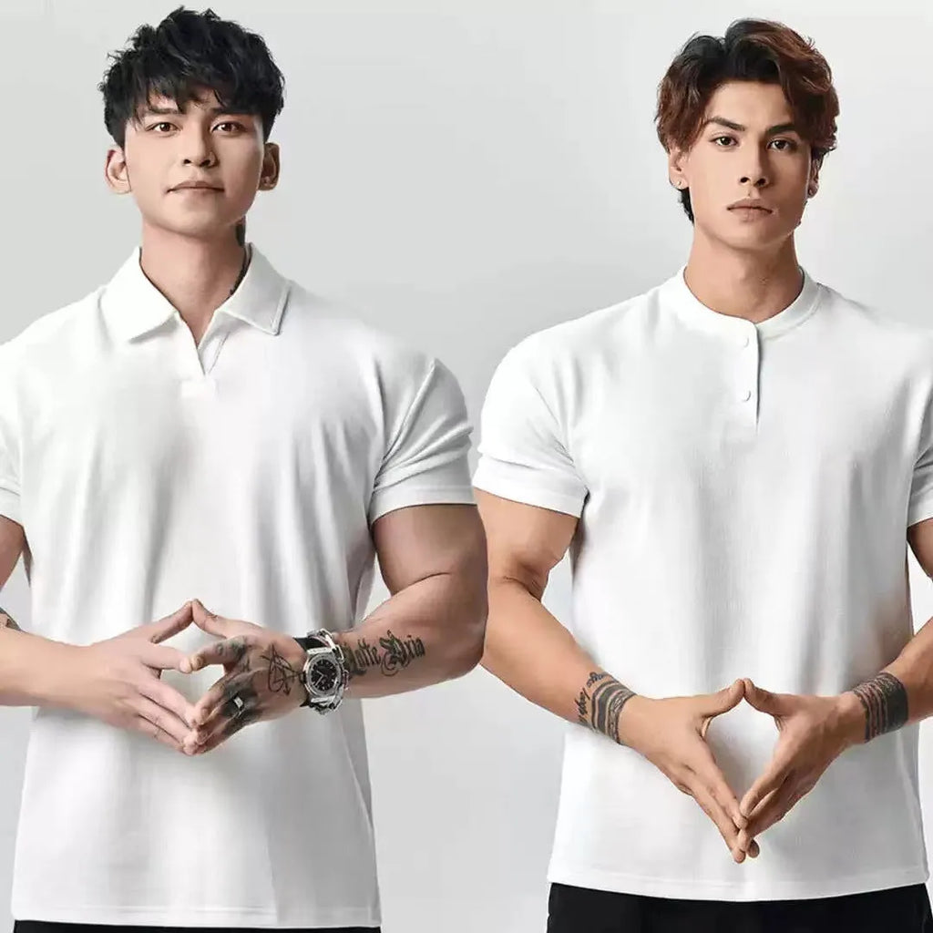 Retro fashion brand all-match casual t-shirt for men solid colour Henry collar loose fit pullover top polyester