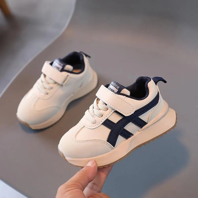 Children's synthetic leather sneakers with Velcro closure in white, beige, and khaki colours