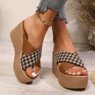 Brown and black cross leopard plaid pattern casual wedge sandals with rubber sole
