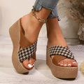 Brown and black cross leopard plaid pattern casual wedge sandals with rubber sole