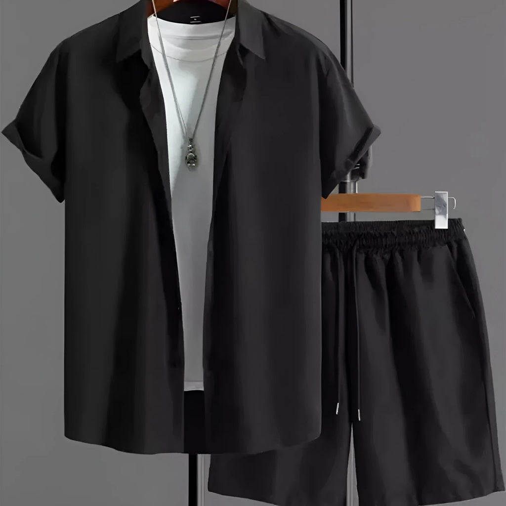 Men's jacquard patterned short-sleeve shirt and matching shorts suit set in a solid colour.