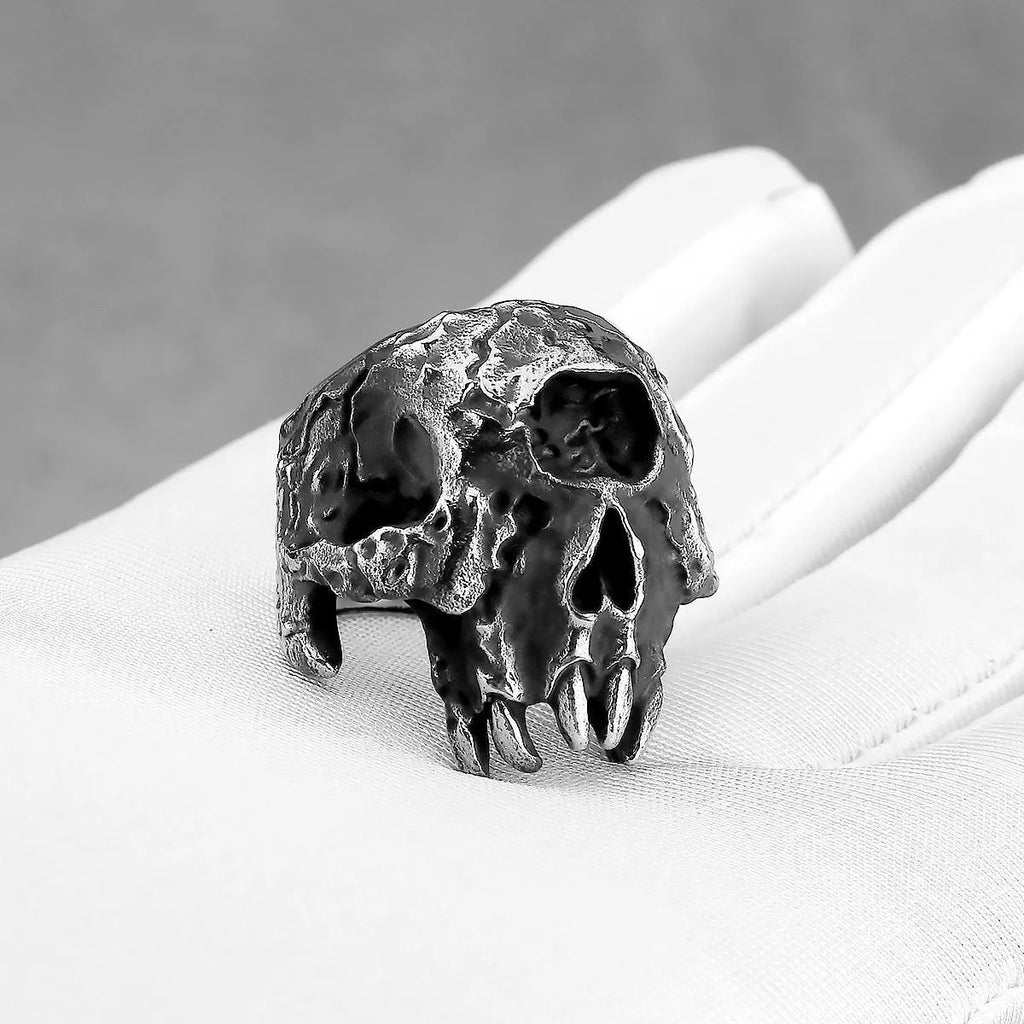 Alloy ring with one-eyed skull design showing electroplated metallic finish
