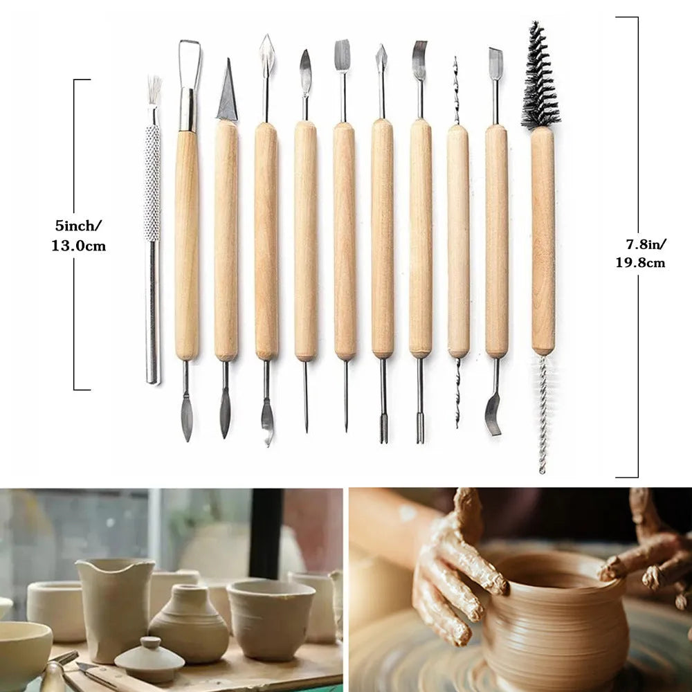 11-piece clay tools set with wooden handles and stainless steel tips displayed on a surface with a blue storage bag