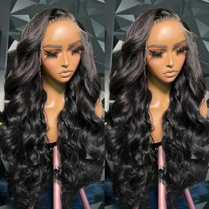Black medium-long curly wave full-head wig with lace mesh cap, shown from front view
