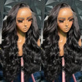 Black medium-long curly wave full-head wig with lace mesh cap, shown from front view
