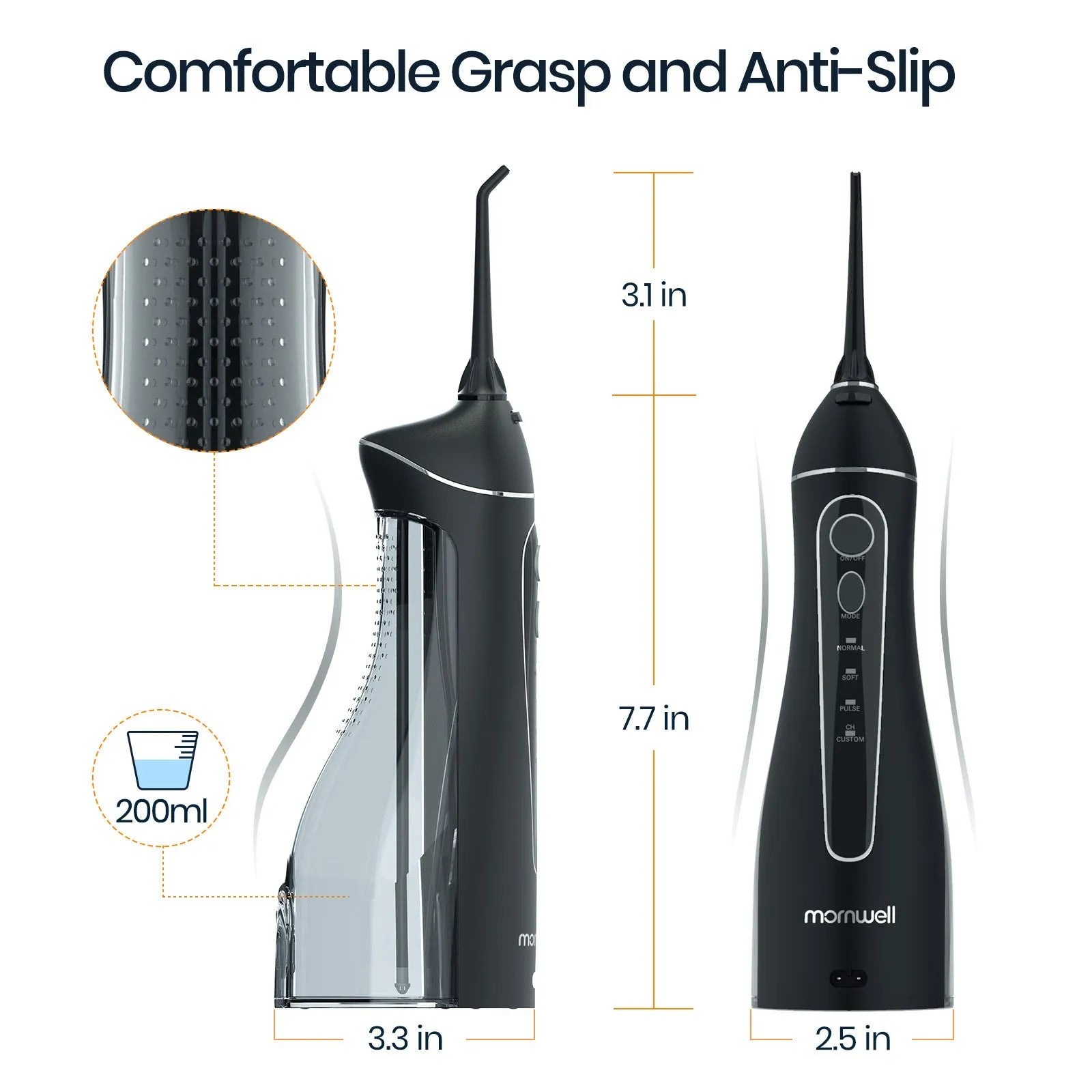 Portable electric water pick oral irrigator in black with rechargeable battery for adult home use