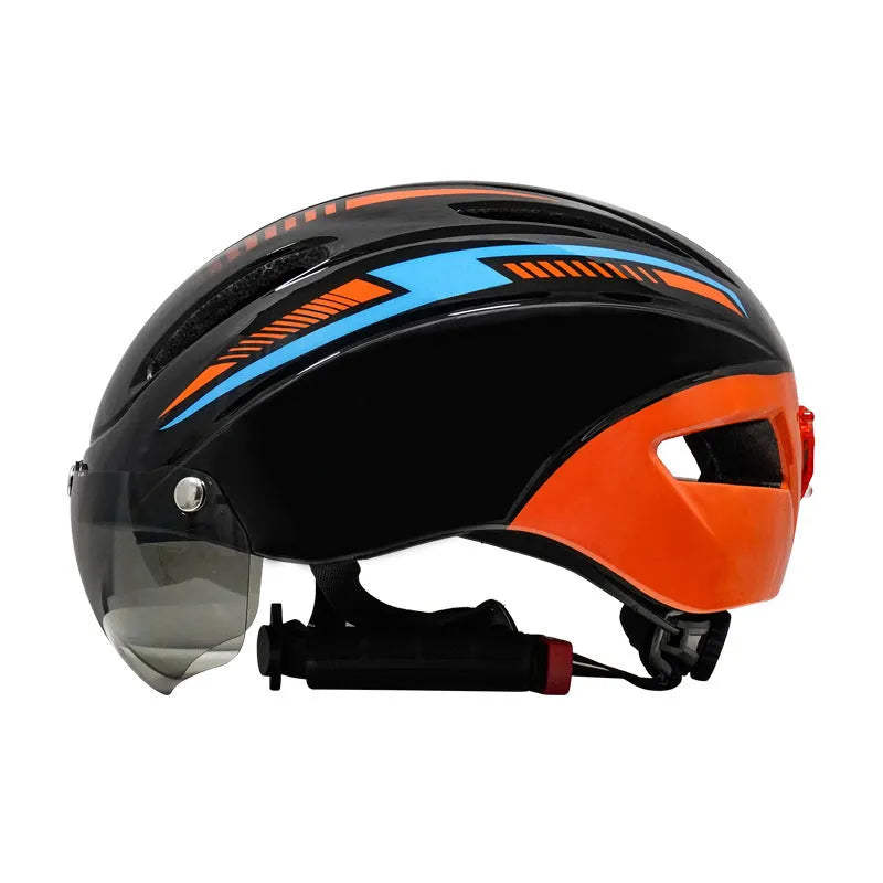 Adult bicycle helmet with goggles and taillight in blue, white, and black colour scheme