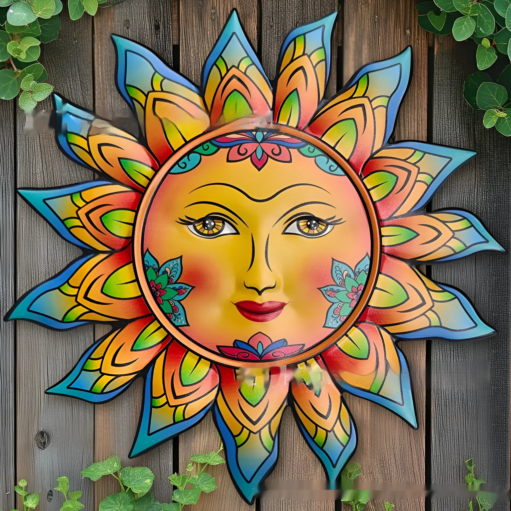 Iron sun face metal wall hanging decorative craft for indoor walls.