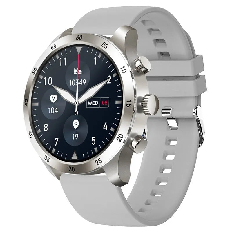 Black Bluetooth smartwatch with steel strap showing call interface and health metrics on screen.