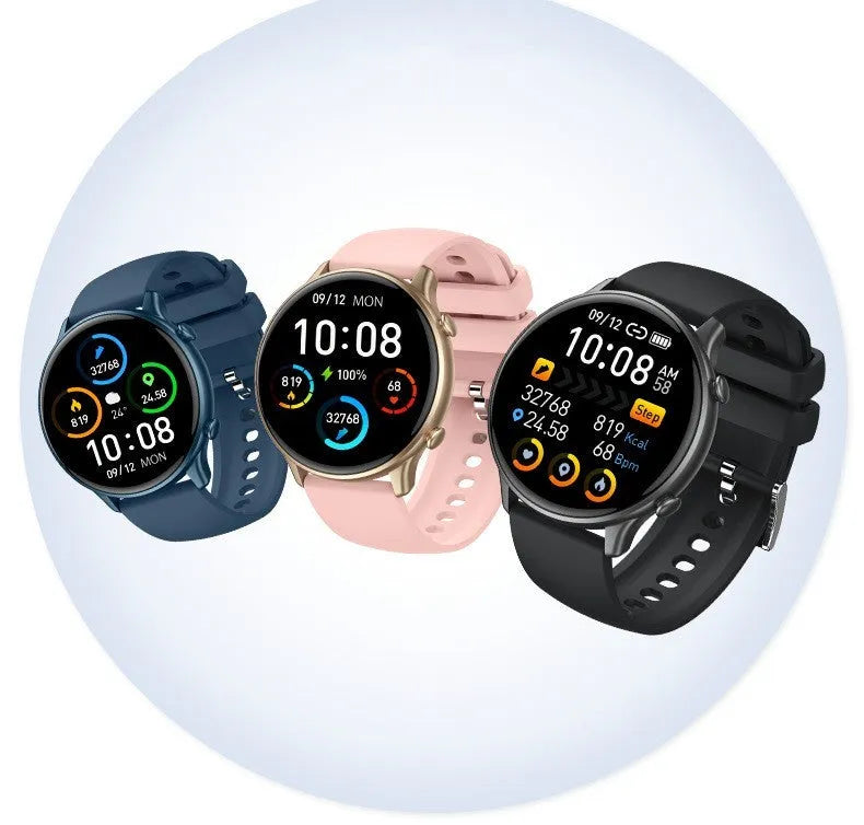 Smart sports watch with round full touch screen, silicone strap, and heart rate monitor display
