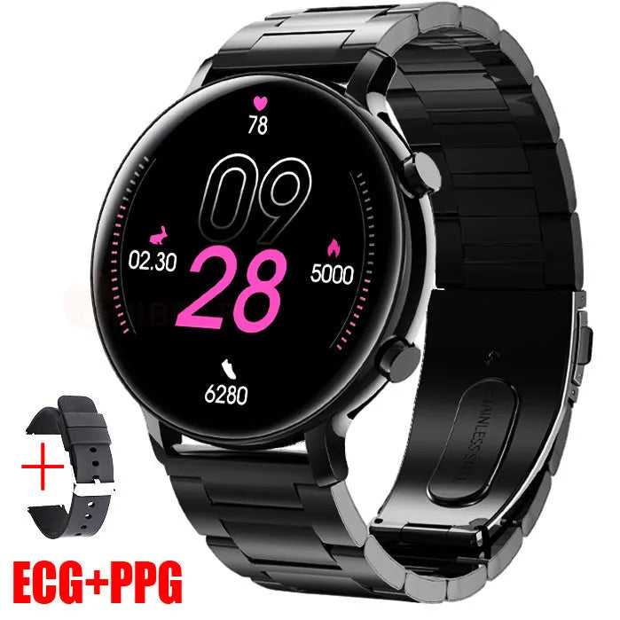 Bluetooth smartwatch with stainless steel strap showing call screen and health stats