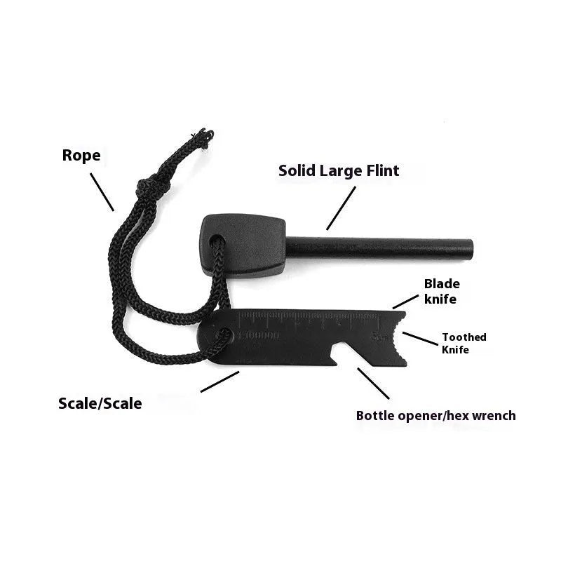 Outdoor camping multifunctional flint in black, 13cm magnesium rod with stainless steel scraper and survival whistle