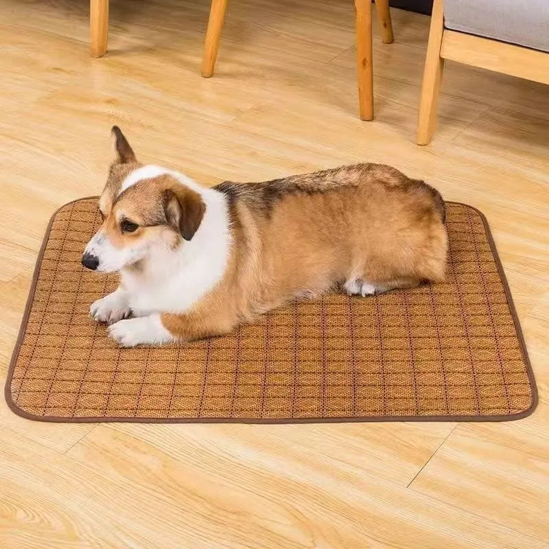 Brown rattan fibre dog cooling mat in raised woven design